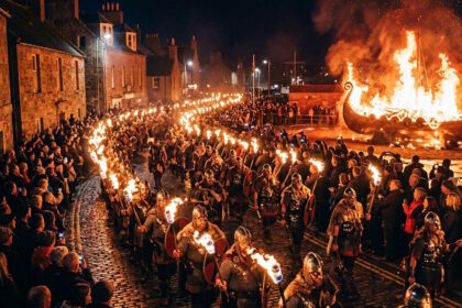 Participants carrying flaming torches during the Up Helly Aa festival in Scotland as a Viking longship burns in the background.