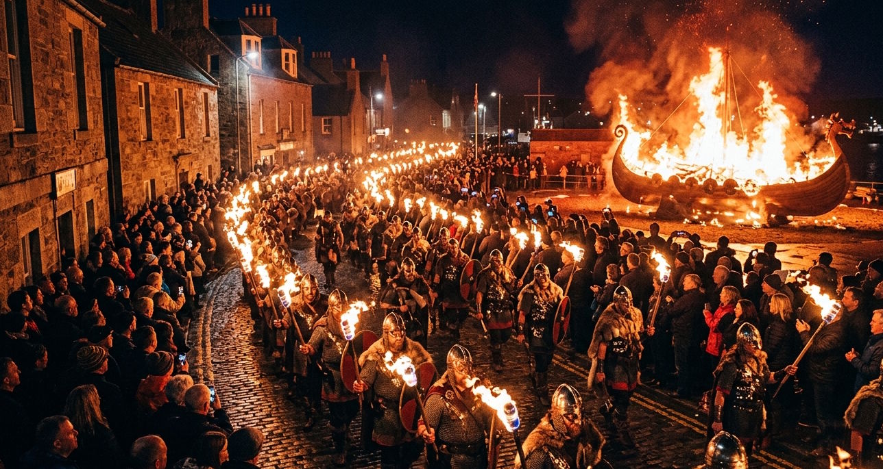 Participants carrying flaming torches during the Up Helly Aa festival in Scotland as a Viking longship burns in the background.
