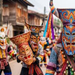 Colorful masked performers celebrating Phi Ta Khon, Thailand's Ghost Festival, in Dan Sai, Isan
