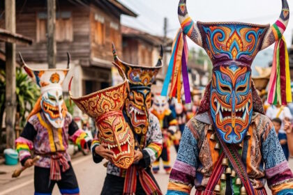 Colorful masked performers celebrating Phi Ta Khon, Thailand's Ghost Festival, in Dan Sai, Isan