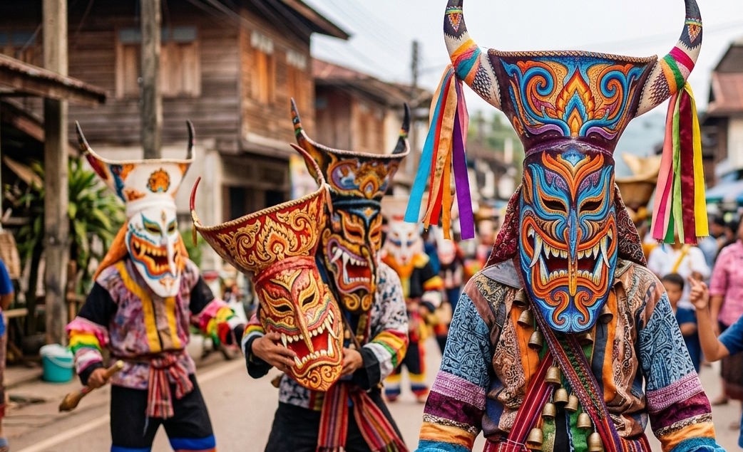 Colorful masked performers celebrating Phi Ta Khon, Thailand's Ghost Festival, in Dan Sai, Isan