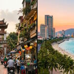 Split image showing Hanoi's historic Old Quarter and Da Nang's modern beachfront skyline in Vietnam