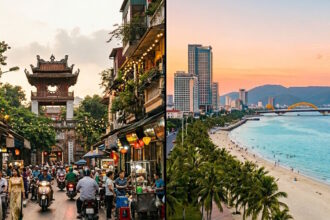 Split image showing Hanoi's historic Old Quarter and Da Nang's modern beachfront skyline in Vietnam