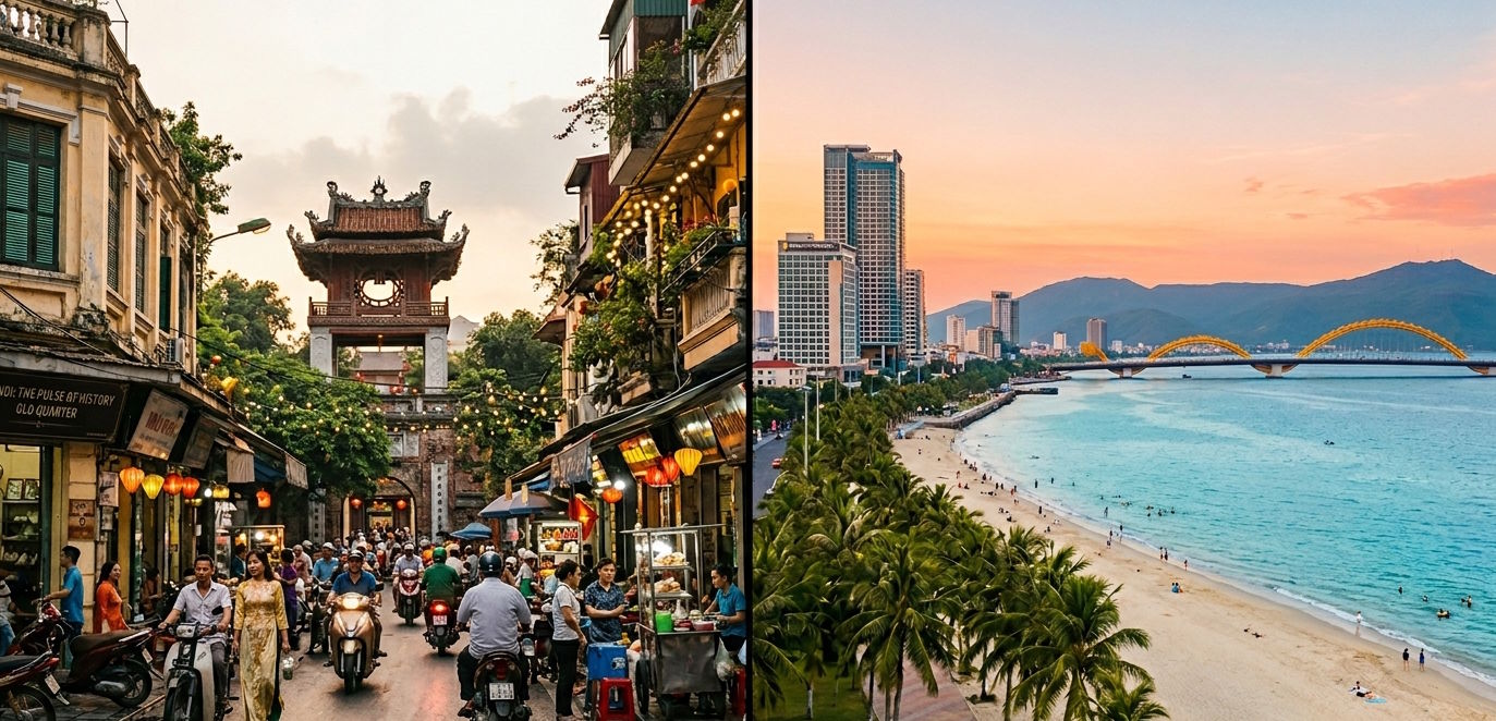 Split image showing Hanoi's historic Old Quarter and Da Nang's modern beachfront skyline in Vietnam