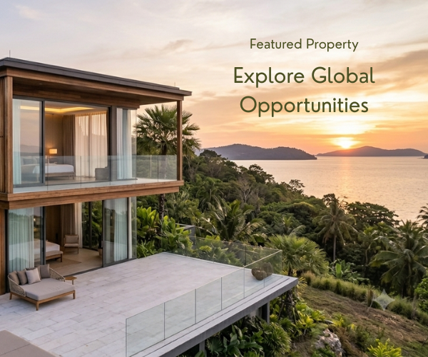 Modern luxury villa overlooking the ocean promoting global real estate and investment opportunities.