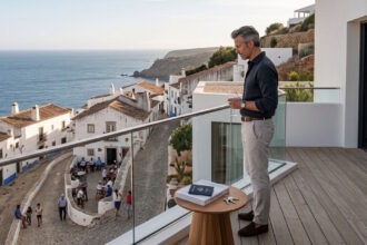 A man standing on a modern luxury villa terrace with a glass railing, looking down at a traditional European coastal village street by the sea.