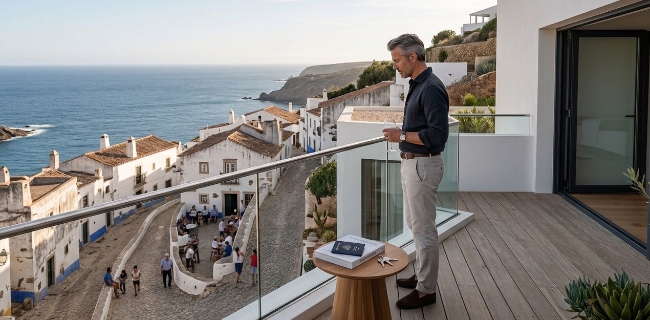 A man standing on a modern luxury villa terrace with a glass railing, looking down at a traditional European coastal village street by the sea.