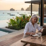 A professional woman with silver hair sitting at a wooden table on a luxury pool villa terrace in Thailand, working on a laptop with a view of the ocean and longtail boats.