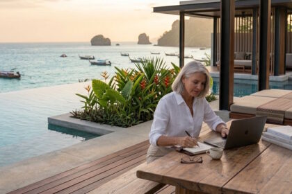 A professional woman with silver hair sitting at a wooden table on a luxury pool villa terrace in Thailand, working on a laptop with a view of the ocean and longtail boats.
