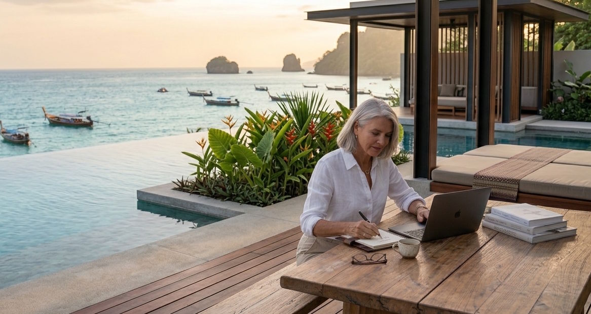 A professional woman with silver hair sitting at a wooden table on a luxury pool villa terrace in Thailand, working on a laptop with a view of the ocean and longtail boats.