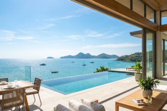 Modern luxury villa terrace with an unobstructed panoramic ocean view under a clear blue sunny sky.
