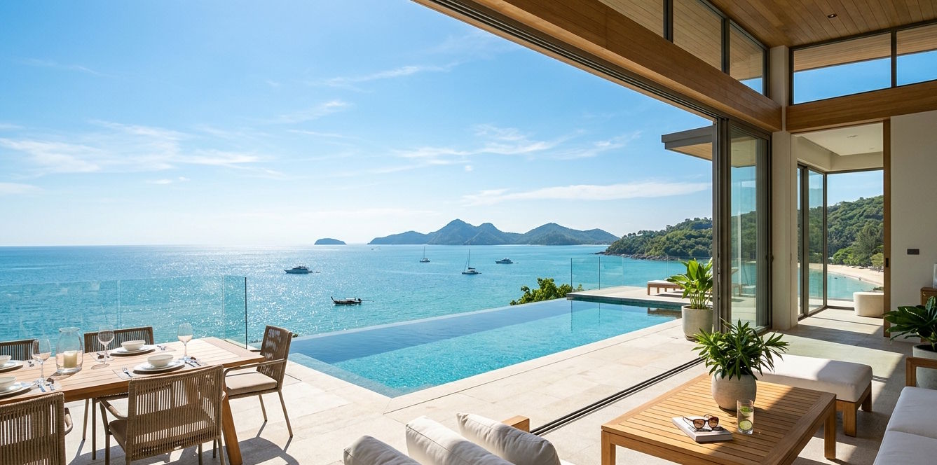 Modern luxury villa terrace with an unobstructed panoramic ocean view under a clear blue sunny sky.