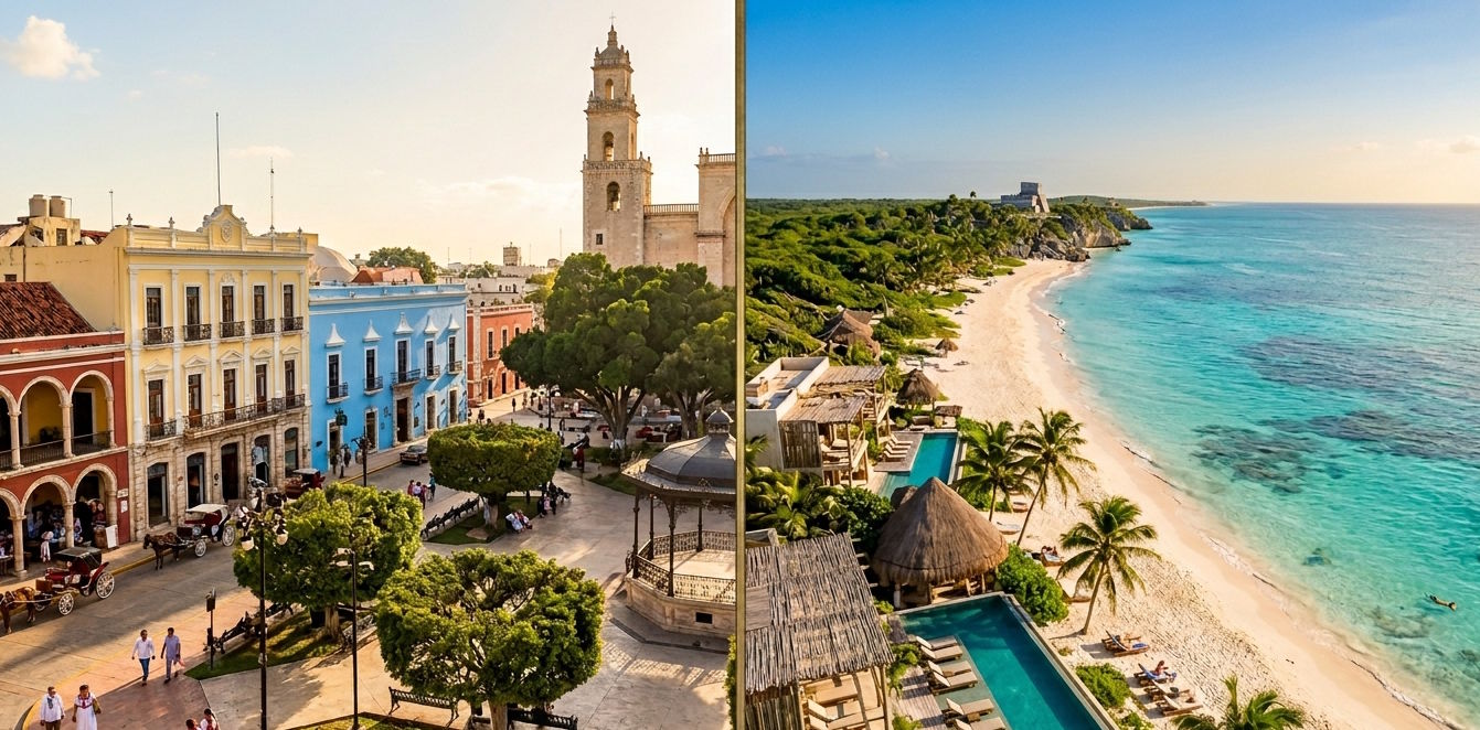 Comparison of Mérida's historic colonial city and Tulum's Caribbean beach lifestyle.