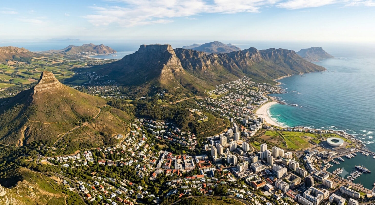 Aerial view of Cape Town with Table Mountain, the Atlantic coastline, and surrounding neighborhoods in South Africa.