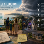 Family overlooking an international residential destination, illustrating that true safety abroad depends on infrastructure, healthcare, community and resilience rather than crime statistics alone.