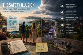 Family overlooking an international residential destination, illustrating that true safety abroad depends on infrastructure, healthcare, community and resilience rather than crime statistics alone.