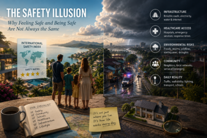Family overlooking an international residential destination, illustrating that true safety abroad depends on infrastructure, healthcare, community and resilience rather than crime statistics alone.