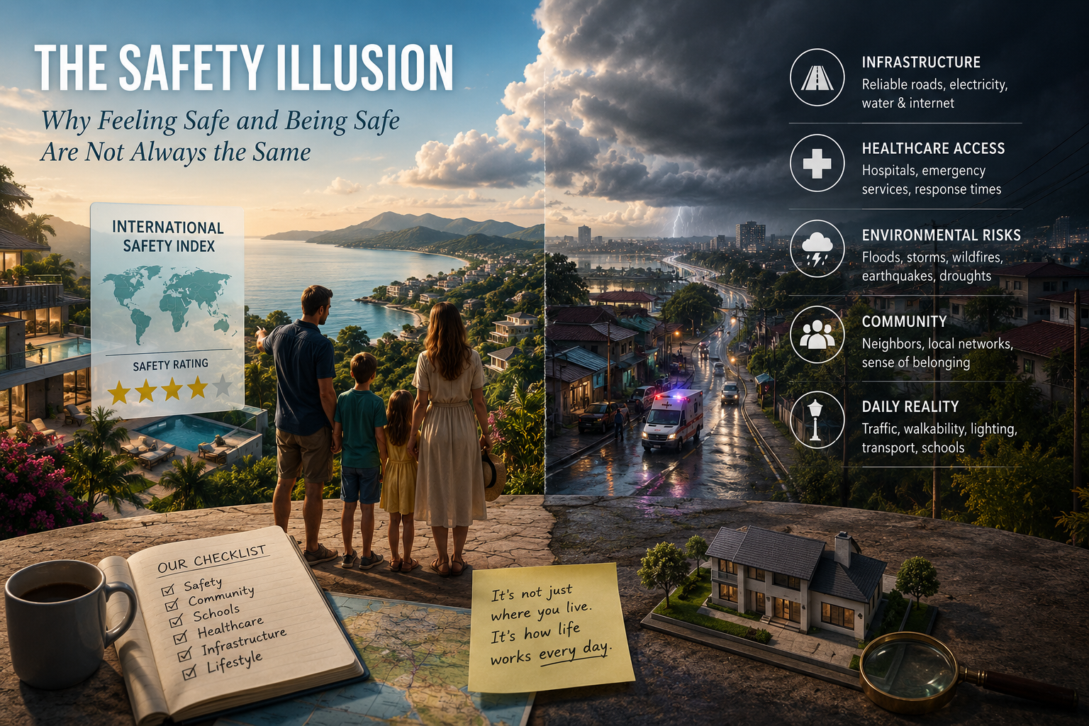 Family overlooking an international residential destination, illustrating that true safety abroad depends on infrastructure, healthcare, community and resilience rather than crime statistics alone.
