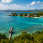 Panoramic view of Belize's Caribbean coastline with turquoise waters, tropical vegetation and luxury waterfront homes.