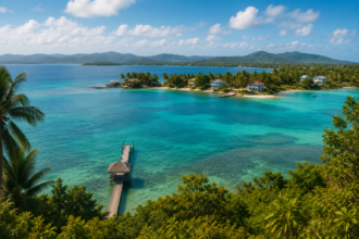 Panoramic view of Belize's Caribbean coastline with turquoise waters, tropical vegetation and luxury waterfront homes.