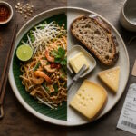 Top-down comparison of affordable Asian street food and imported Western groceries, illustrating the hidden cost of living abroad.