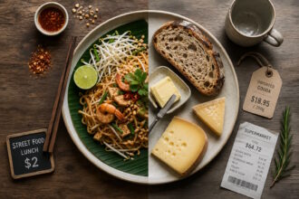 Top-down comparison of affordable Asian street food and imported Western groceries, illustrating the hidden cost of living abroad.