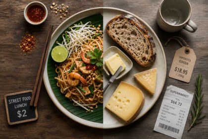 Top-down comparison of affordable Asian street food and imported Western groceries, illustrating the hidden cost of living abroad.