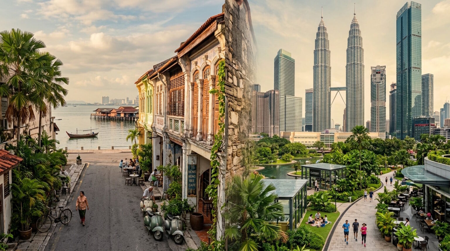 Split image comparing Penang and Kuala Lumpur, highlighting Malaysia's coastal island lifestyle and modern urban living.