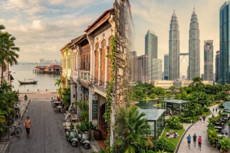 Split image comparing Penang and Kuala Lumpur, highlighting Malaysia's coastal island lifestyle and modern urban living.