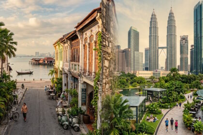 Split image comparing Penang and Kuala Lumpur, highlighting Malaysia's coastal island lifestyle and modern urban living.