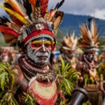 Traditional performers in ceremonial dress at a cultural gathering in Papua New Guinea. AI-generated illustrative image.