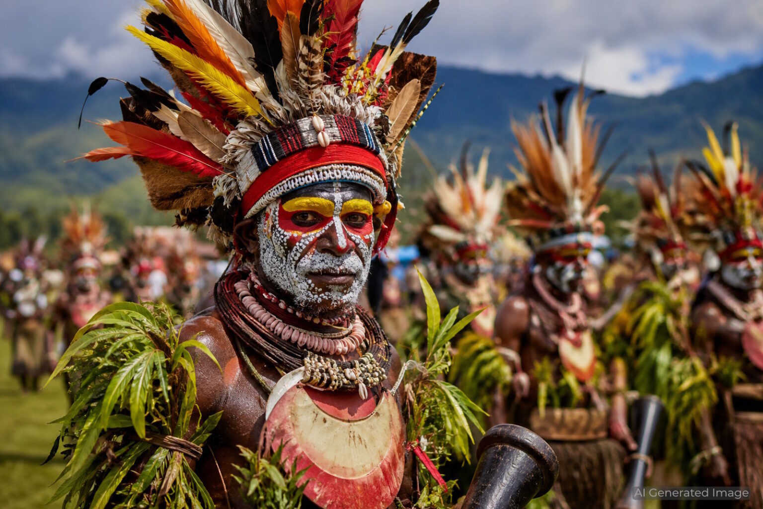 Traditional performers in ceremonial dress at a cultural gathering in Papua New Guinea. AI-generated illustrative image.