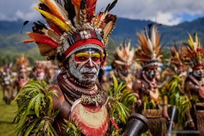 Traditional performers in ceremonial dress at a cultural gathering in Papua New Guinea. AI-generated illustrative image.