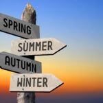 Signpost pointing to spring, summer, autumn, and winter, symbolizing seasonal living and climate choices for international relocation.