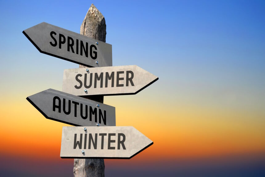 Signpost pointing to spring, summer, autumn, and winter, symbolizing seasonal living and climate choices for international relocation.