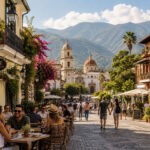 AI-generated image of a lively international streetscape with outdoor cafés, pedestrians, historic architecture and mountains in the background.