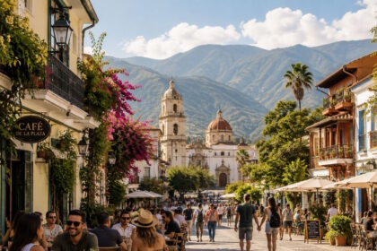 AI-generated image of a lively international streetscape with outdoor cafés, pedestrians, historic architecture and mountains in the background.