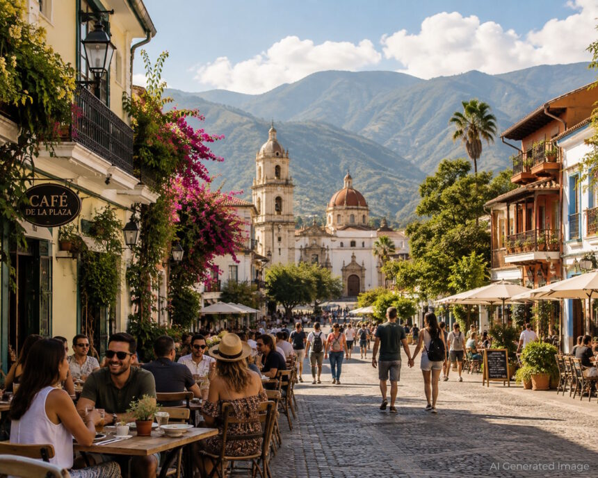 AI-generated image of a lively international streetscape with outdoor cafés, pedestrians, historic architecture and mountains in the background.