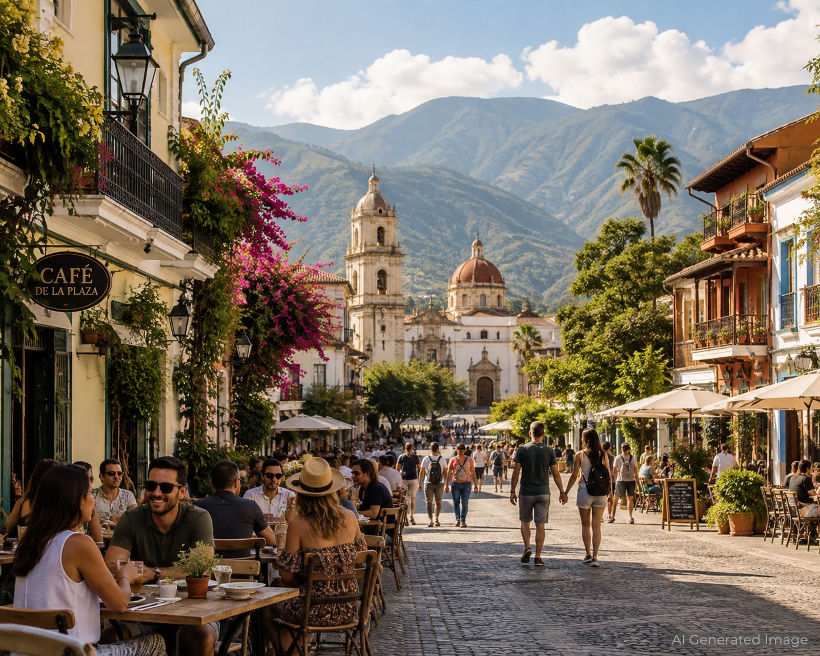 AI-generated image of a lively international streetscape with outdoor cafés, pedestrians, historic architecture and mountains in the background.