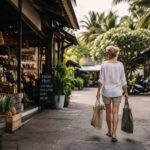 A woman carrying groceries after shopping at an international market in a tropical destination. AI-generated image.