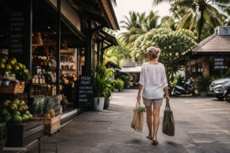 A woman carrying groceries after shopping at an international market in a tropical destination. AI-generated image.